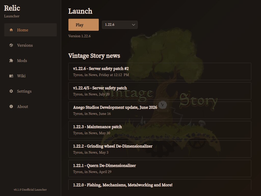 Relic Launcher home screen with game versions and news